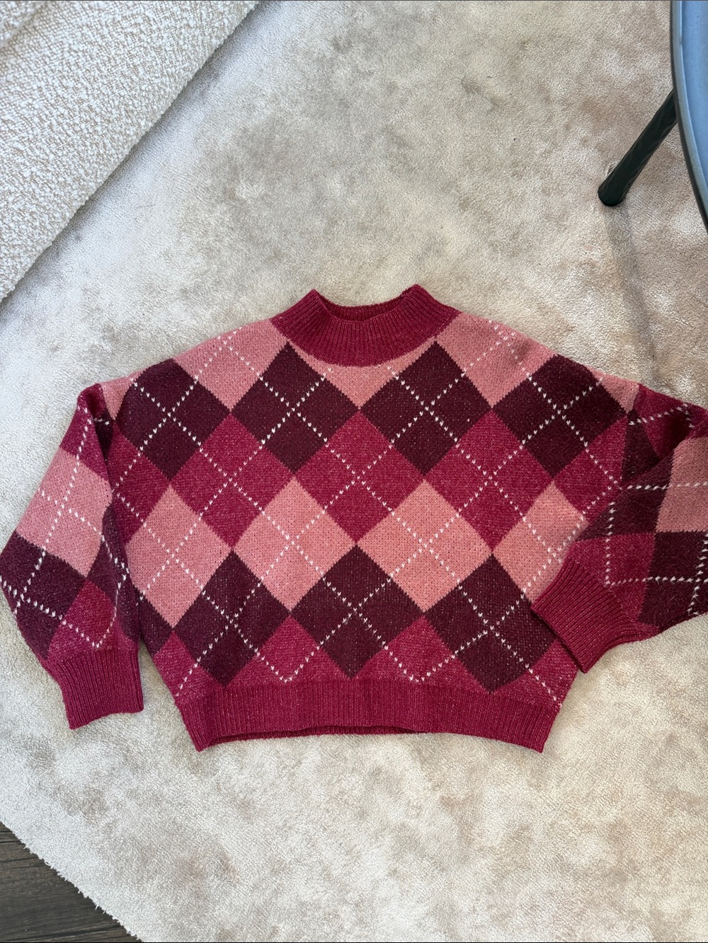 SO Pink and Burgundy Argyle Turtleneck Sweater